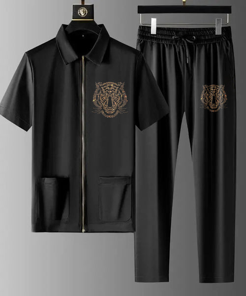 Luxury Men Zipper Rhinestone Co-Ord Set (TIGER 1)